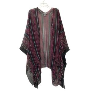 Catherines Kimono Poncho Women One Size Pink Brown Stripe Vneck Batik Beach Boho